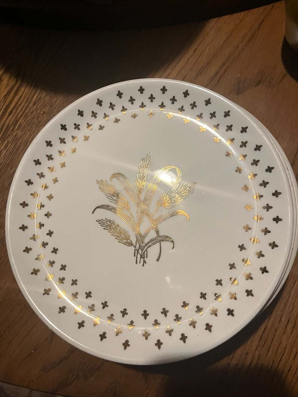 Set of 6 Vintage Gold Wheat and Fleur-de-Lis Bread and Butter Plates 6.5 Inch